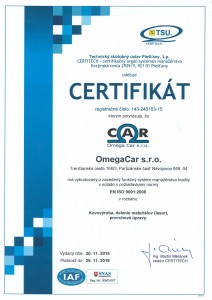Certifikát OmegaCar s.r.o. SK-2015