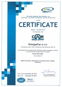 Certifikát OmegaCar s.r.o. EN-2015